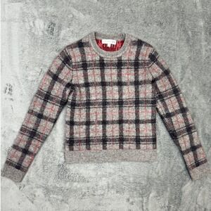 Ines de la Fressange Uniqlo Plaid Sweater‎ Gray Black Red Wool Blend Womens XS